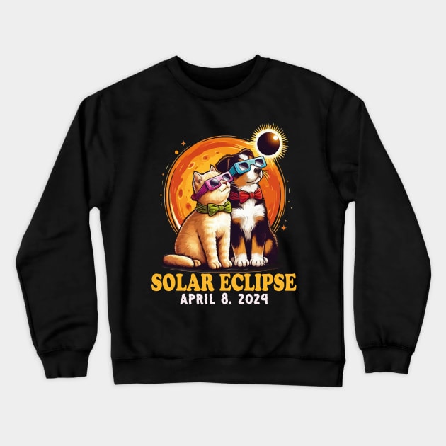 Solar Eclipse April 2024 Dog and Cat Wearing Solar Eclipse Glasses Crewneck Sweatshirt by JUST PINK